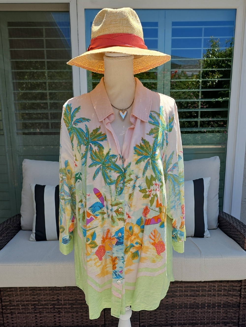 Tropical Floral Button-Up Shirt - Pastel Pink & Lime